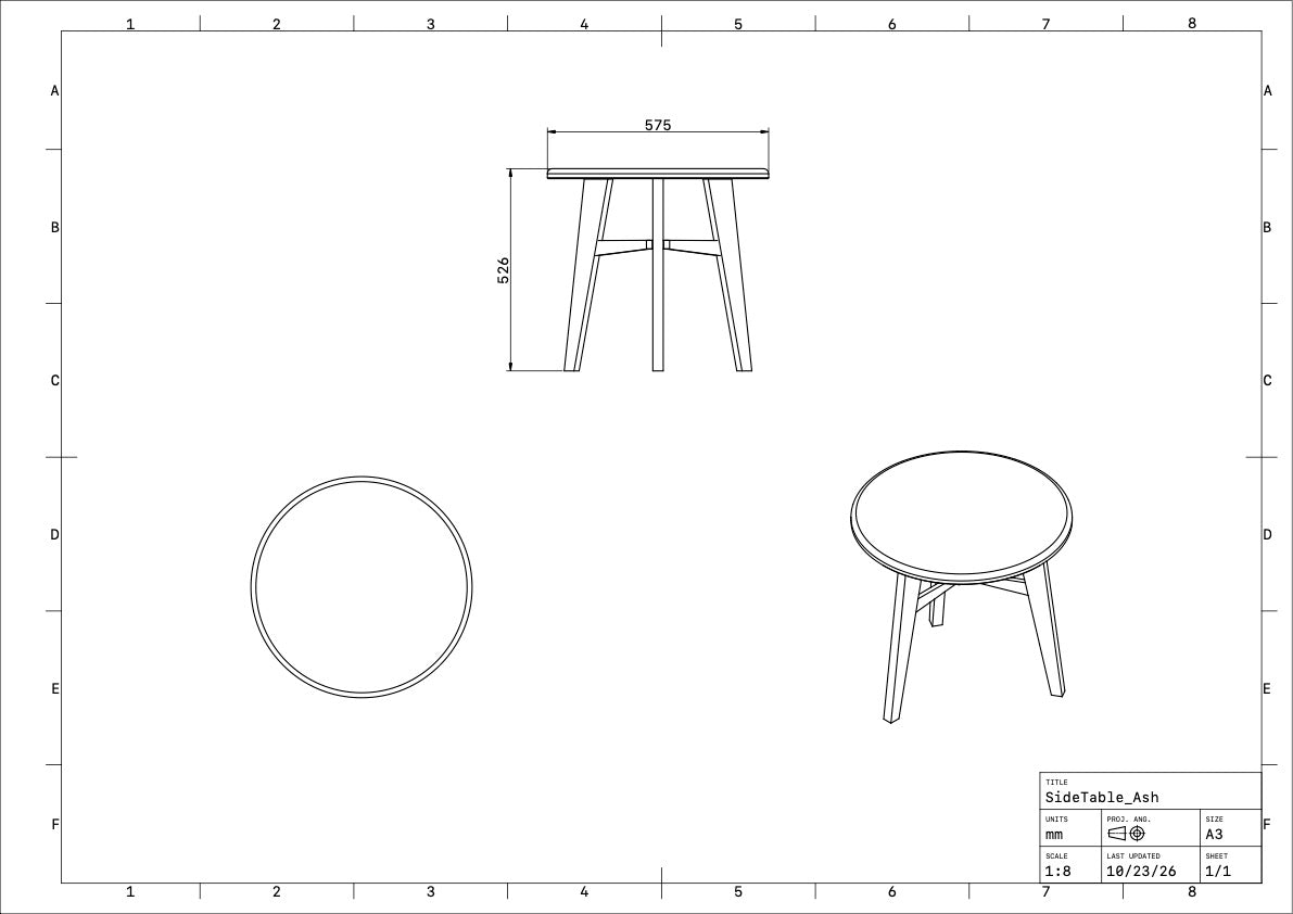 Technical line drawing of a side table shown in three orthographic views with dimensions, on a white sheet with measurement grid and a title block.